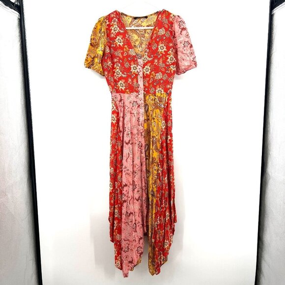 Zara Patchwork Long Maxi Handkerchief Paisley Button Front Dress Women's Size S - Picture 2 of 8